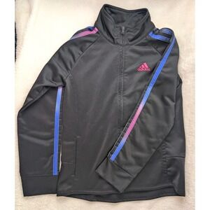 Adidas Girls Full Zip Jacket Size 6 Black Hooded Pink Blue Stripe Athletic Track